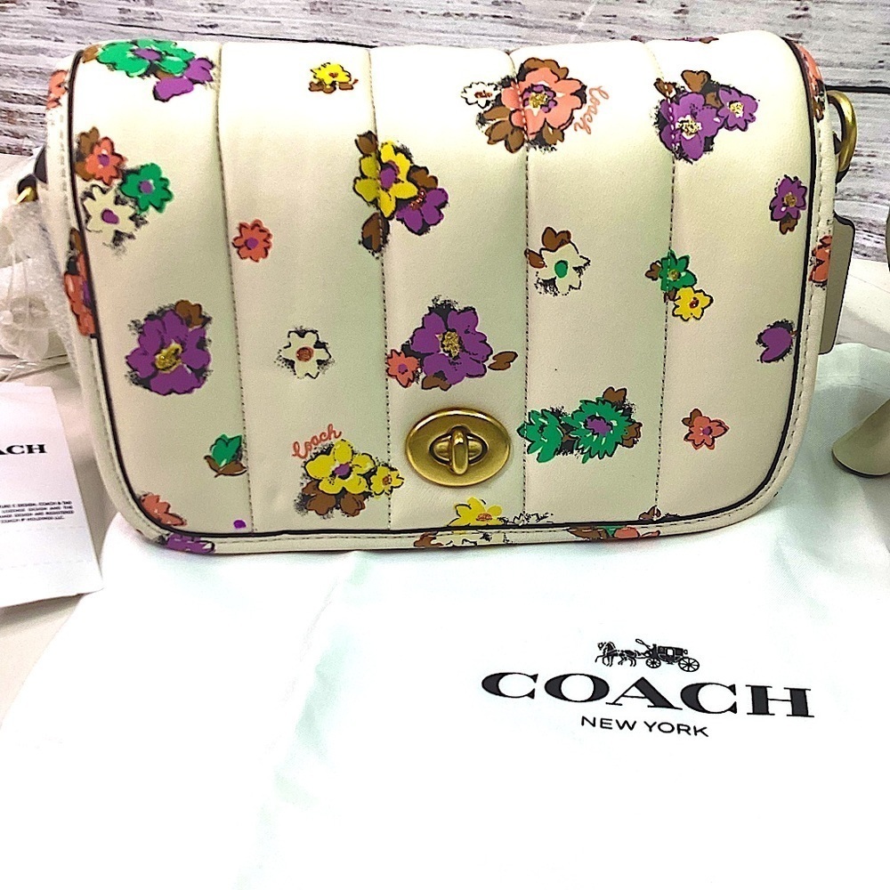 COACH DINKY 18 QUILTING FLORAL‎ BAG NAPPA LEATHER CHALK MULTI PURSE CROSSBODY - Picture 3 of 16